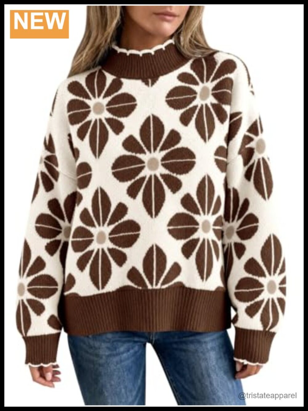 Women's Floral Mock Neck Sweater Pullover Ribbed Knit Fitted Regular
